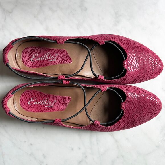 Earthies Essem Burgundy Suede Reptile Print Leather Ballet Flats-Women's Size 9 - Picture 6 of 7